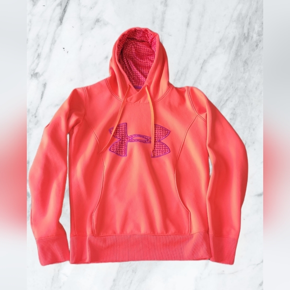 Womens Girl UNDER ARMOUR Long Sleeve Hoodie Sweatshirt Extra SMALL XS NEON CORAL - Picture 1 of 12